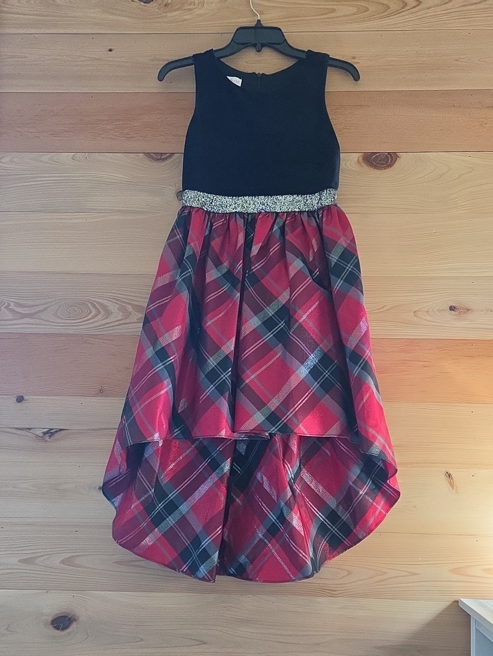 Bonnie Jean Black Bodice Red Plaid High-Low Dress with Silver Waist